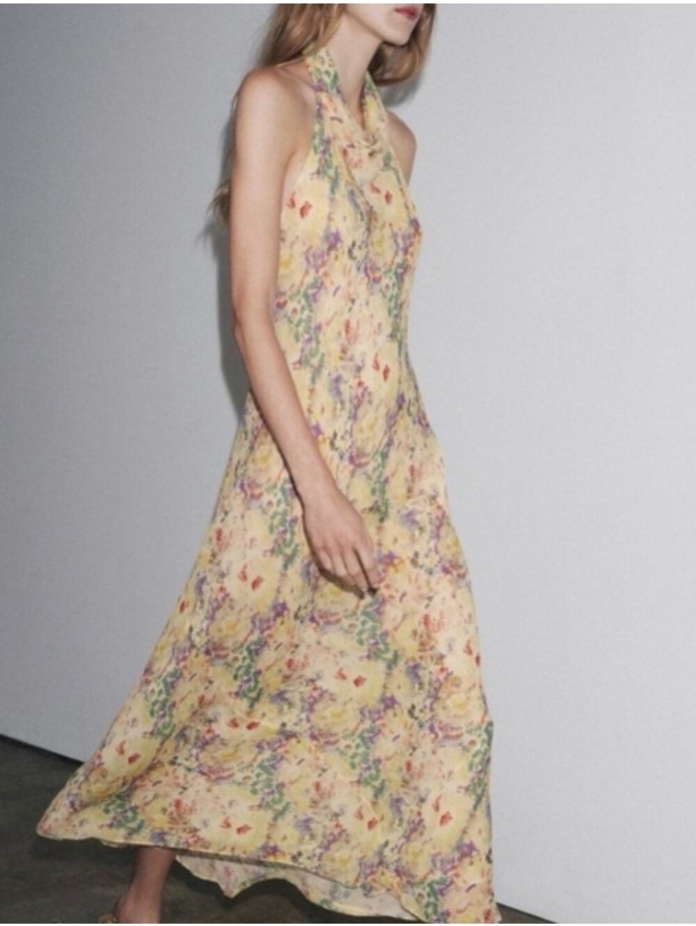 Zara Floral Yellow Backless Slip Dress-Size Small